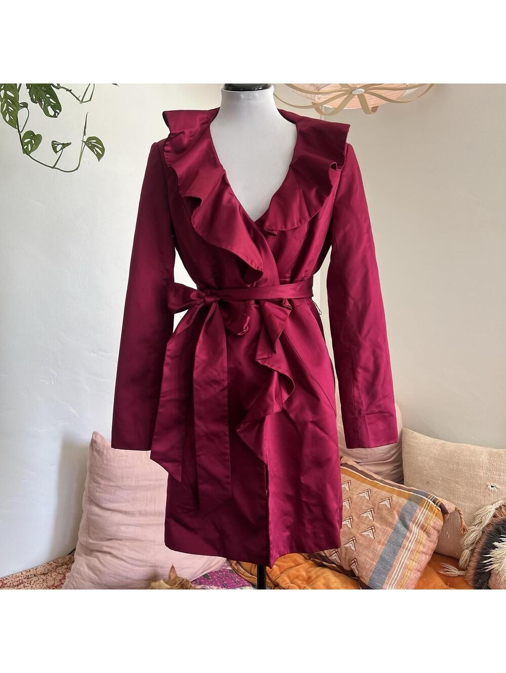 White House Black Market Ruffle Neck Trench Coat Fuchsia Magenta Wrap Jacket S